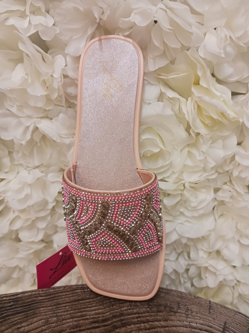 Embellished Pink Beaded Slide Sandals